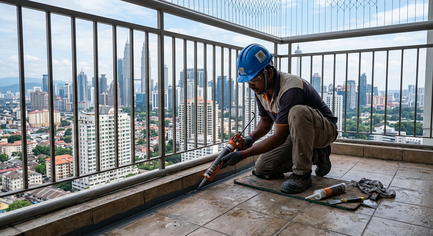 Worker sealing balcony floor joints with waterproofing sealant on Malaysian condo balcony