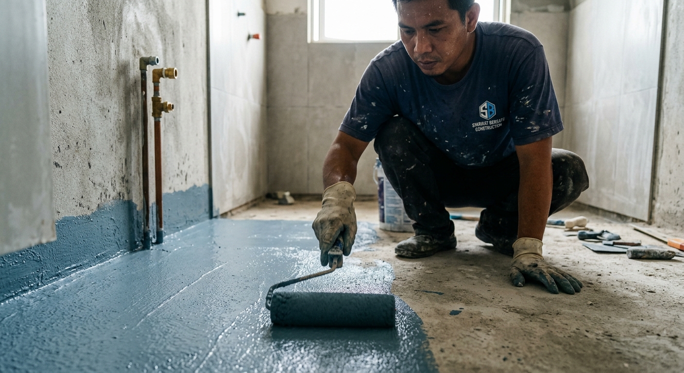 Worker applying waterproofing membrane on bathroom floor before tiling in Malaysian apartment