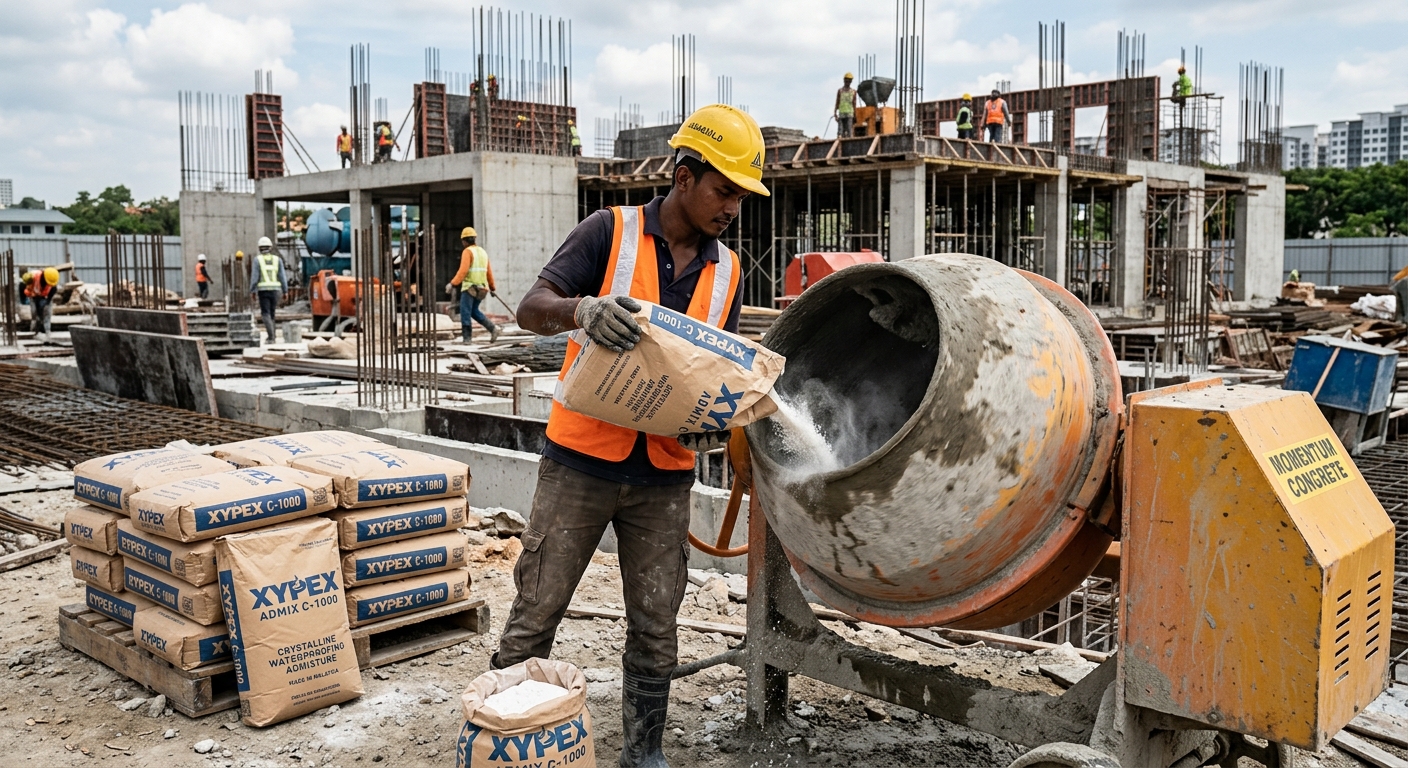 Malaysian worker pouring crystalline waterproofing admixture into concrete mixer on construction site