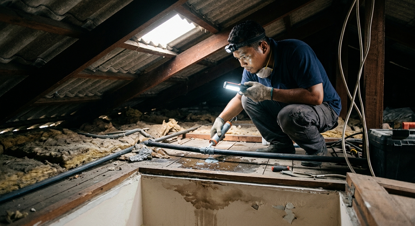Malaysian worker inspecting and sealing water leak on ceiling in terrace house attic