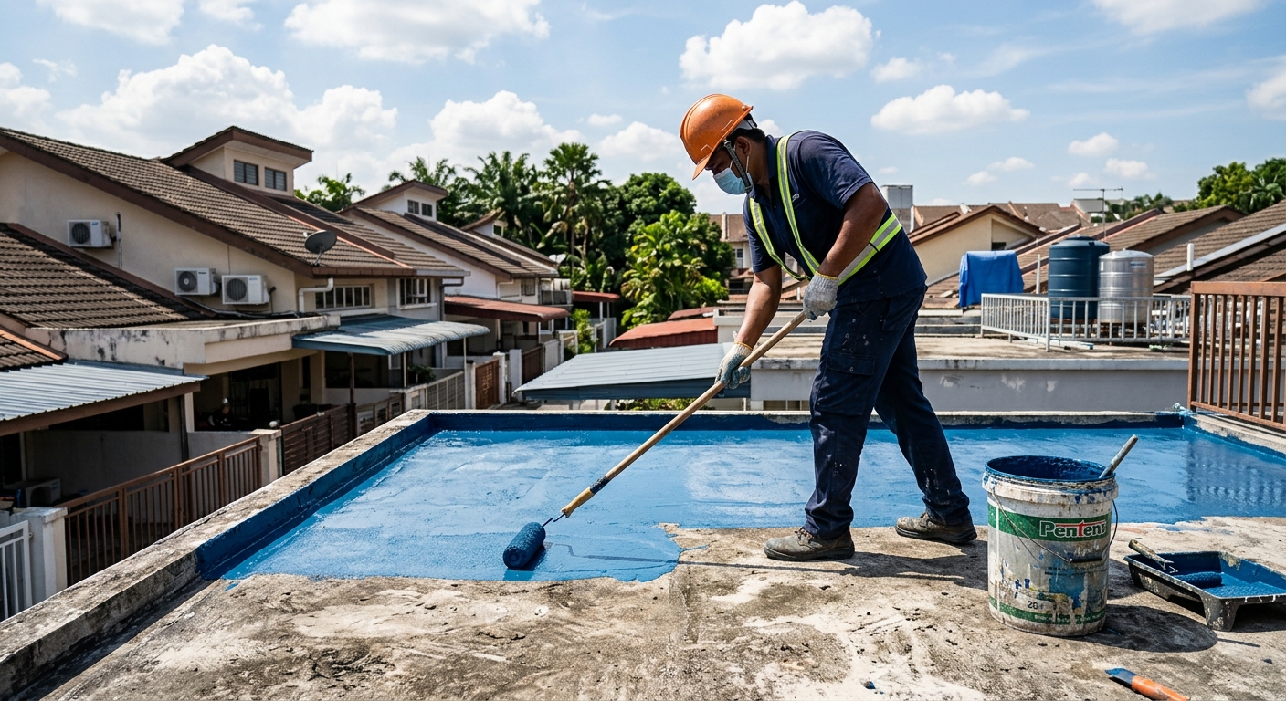 Malaysian worker applying waterproofing membrane coating on flat concrete roof with roller