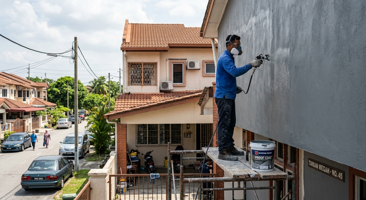 Malaysian worker spray-applying waterproof coating on exterior terrace house wall