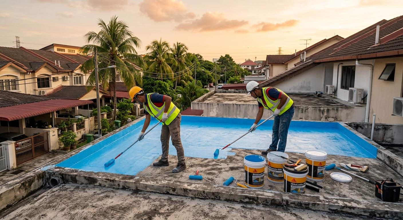 AquaShield technician applying waterproofing membrane on Malaysian terrace house roof